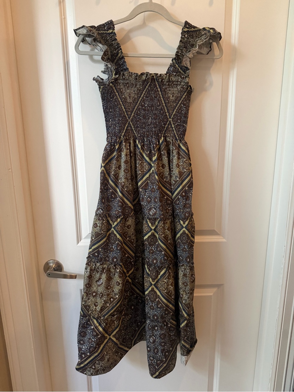 Hill House Navy and Gold Patterned Midi Dress